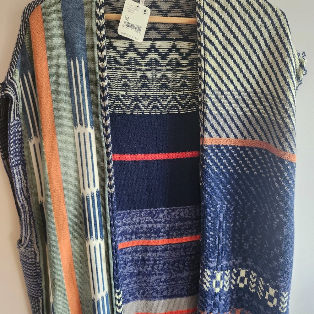 Striped Knit Open-Front Women's Sweater Cardigan - Navy & Coral - Picture 5 of 5
